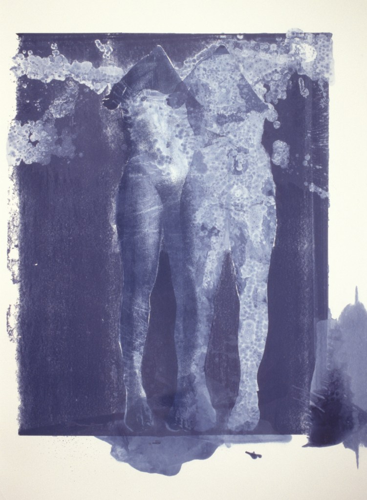 Blue screen print of a body looking like underwater.